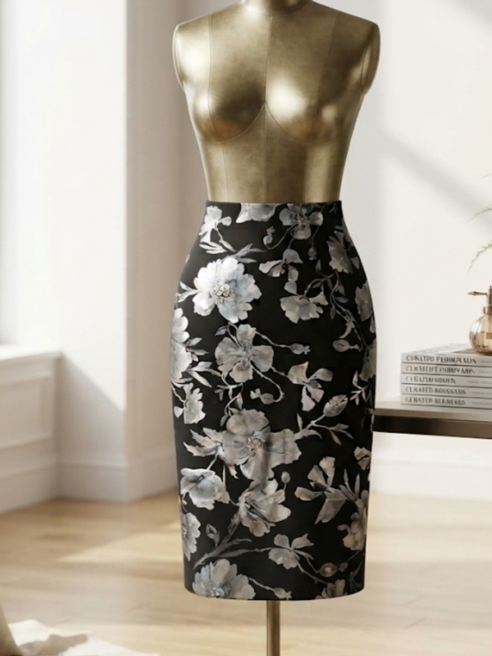 Roz & Ali Black Pencil Skirt with Gray Floral Print